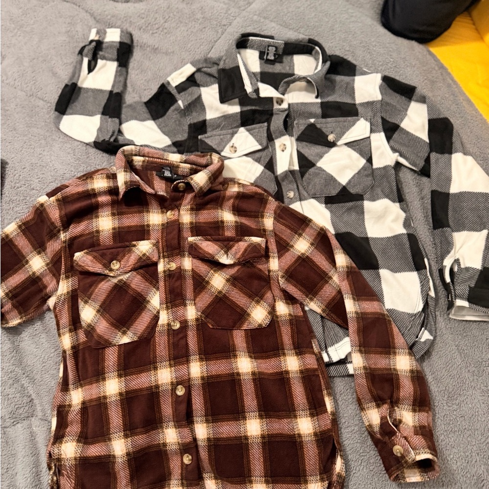 2 Pc Bundle Women’s Plaid Shirts Just Polly Black, White Burgundy, Tan Medium